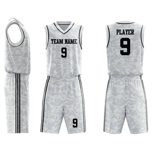 Custom Basketball Uniform 95 in white with black accents, featuring moisture-wicking, breathable fabric for team performance and comfort.