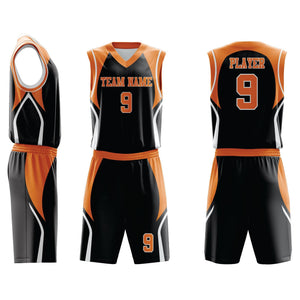 Custom Basketball Uniform 93 in black and orange with team name and number 9, featuring breathable fabric and athletic fit for team performance.