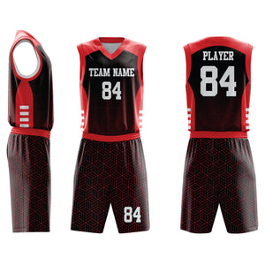 Custom Basketball Uniforms - Team Jerseys & Shorts in red and black with geometric pattern, featuring team name and player number for full customization.
