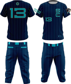 Custom baseball team uniform in navy with teal pinstripes, featuring breathable, moisture-wicking fabric and number 13 design on front and back.