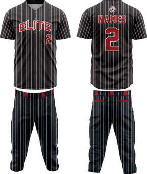 Custom baseball team uniform with black pinstripe design, red accents, and personalized name and number. Breathable fabric ideal for team sports.