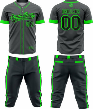 Custom baseball team uniform in dark gray with neon green accents, featuring 'Santa Rosa Drillers' text and number 00 on front and back.