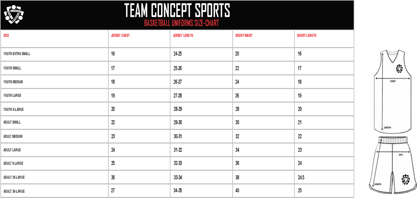 Team Concept Sports basketball uniform size chart showing jersey and short measurements for youth and adult sizes, ideal for custom team orders.