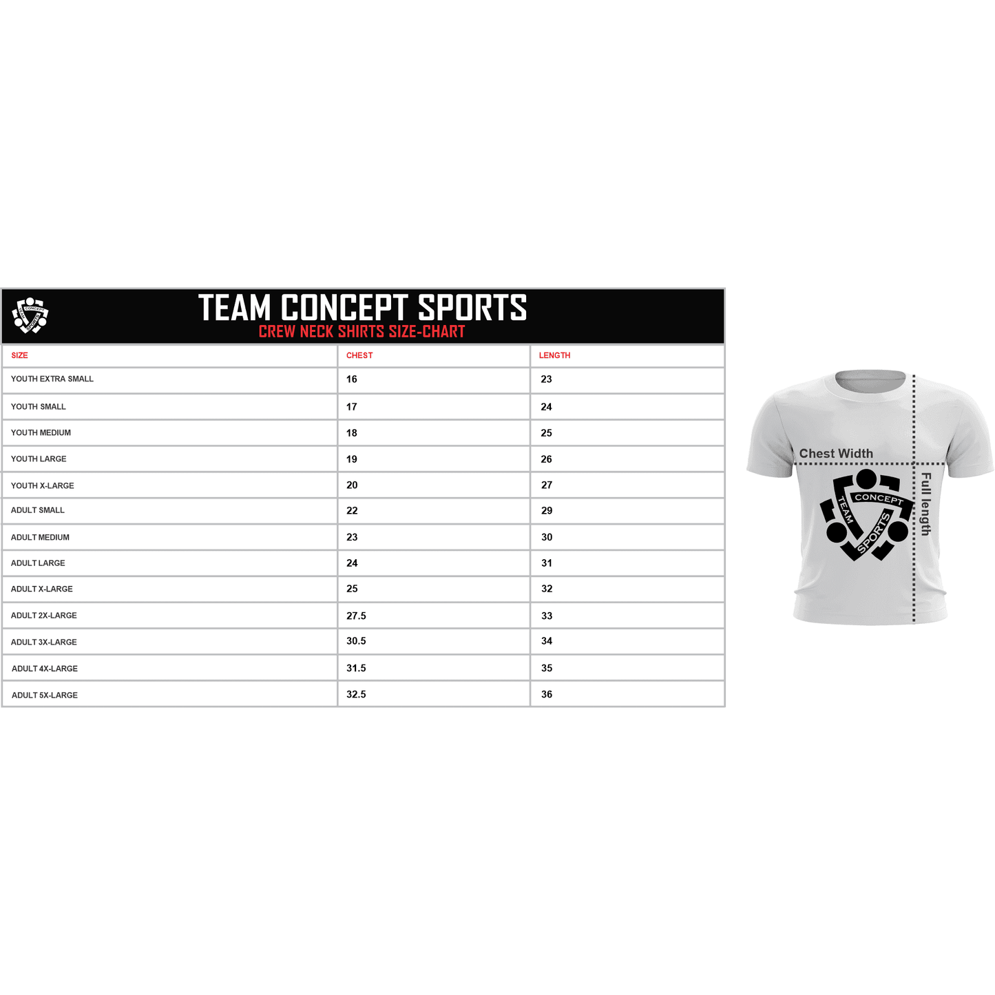 Size chart for Custom Softball Jersey - Personalized Team Gear showing chest width and length for youth to adult sizes. Includes jersey illustration.