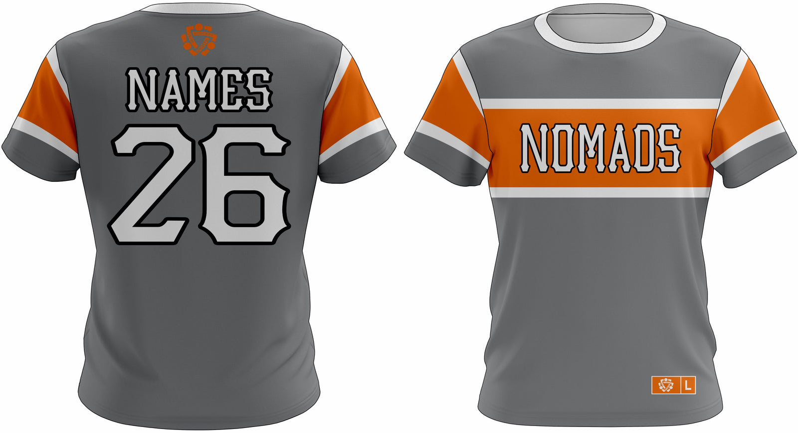 Custom Softball Jersey - Durable, Breathable & Flexible in gray with orange accents, featuring 'NOMADS' on front and customizable name and number on back.