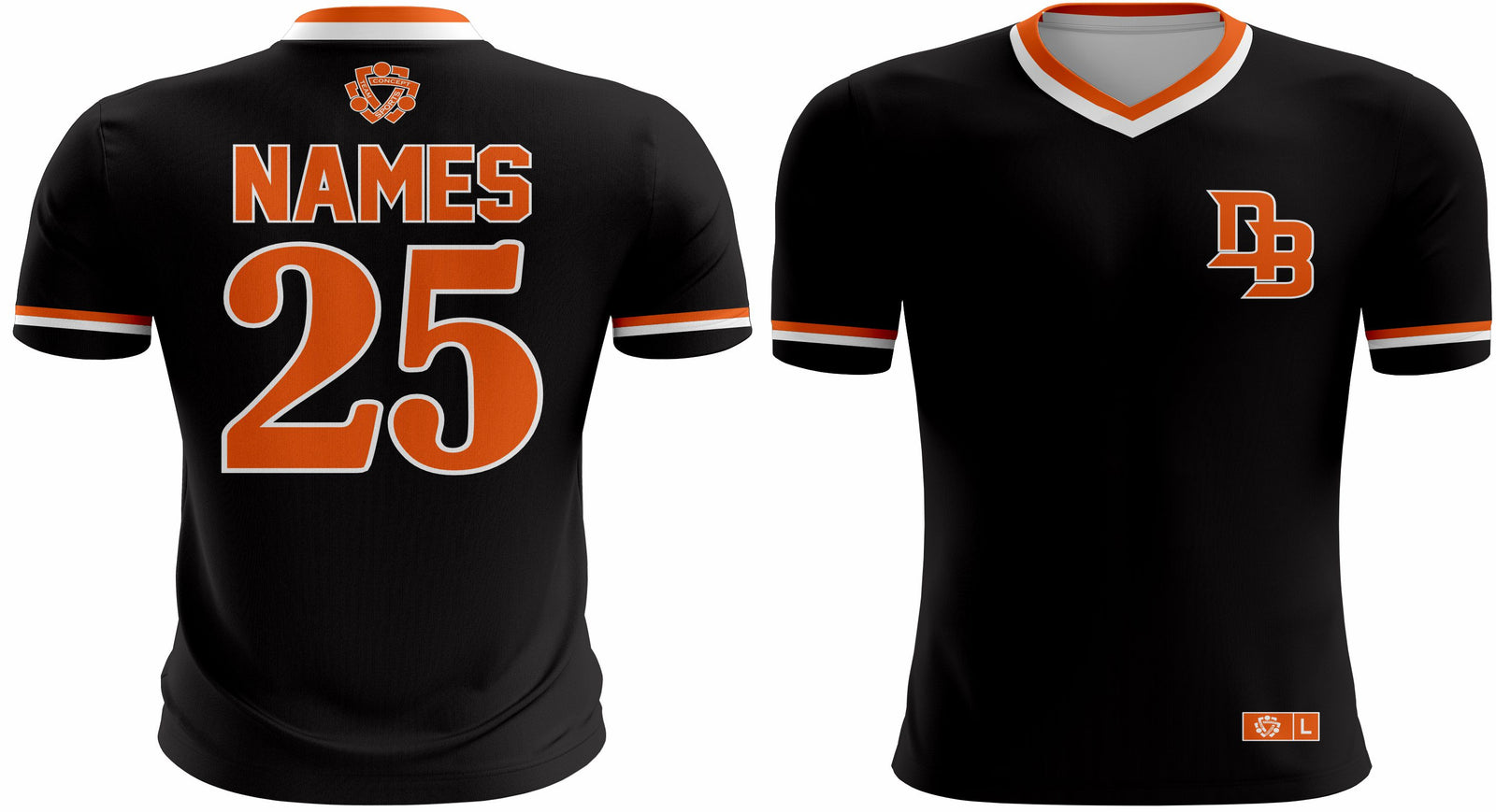 Custom Softball Jersey 171 - Durable & Customizable black jersey with orange accents, team initials on front, and player name and number on back.