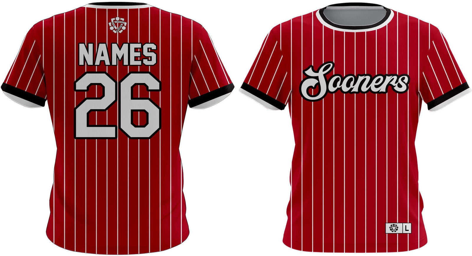 Custom Softball Jersey - Durable & Breathable | Athletic Fit in red with white pinstripes, team name 'Sooners' on front and player name and number on back.