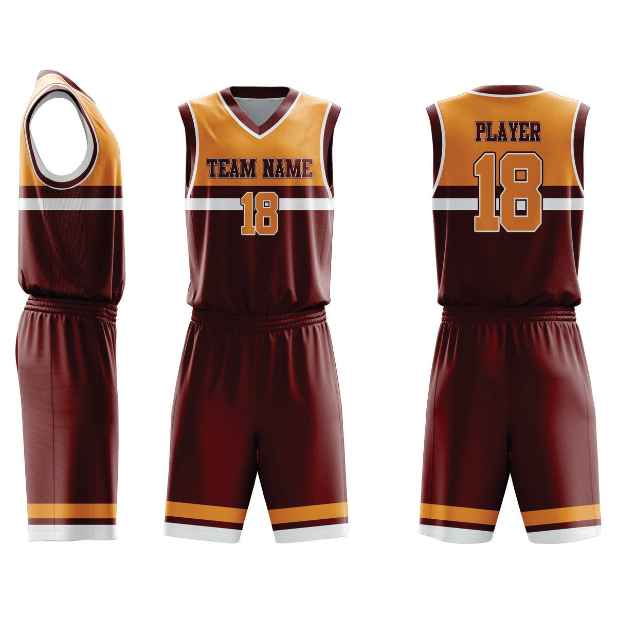 Custom Basketball Uniform 73 in maroon and gold with team name and number 18 on front and back. Includes sleeveless jersey and matching shorts.
