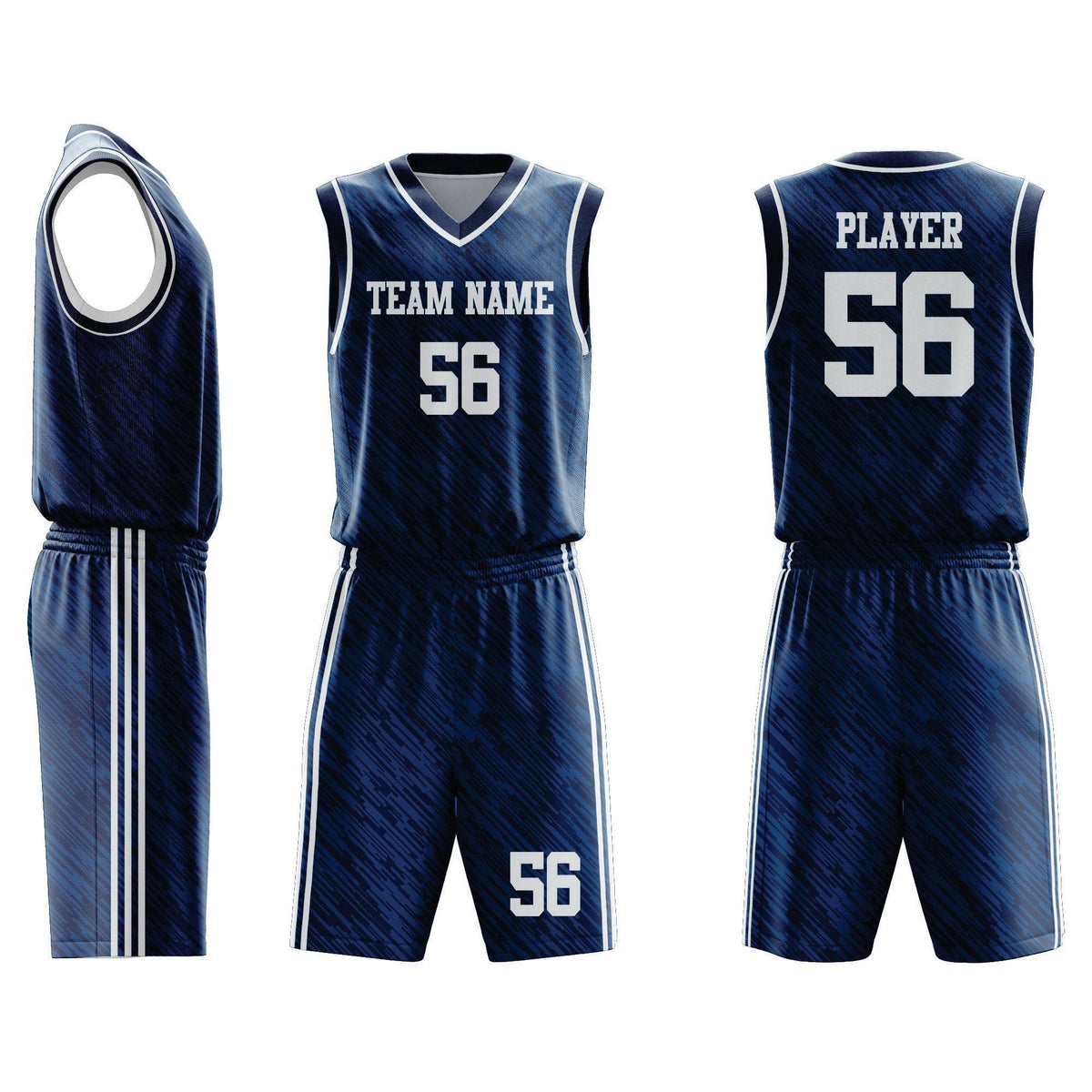 Custom Basketball Uniform 97 in navy blue with white trim, featuring jersey and shorts set with customizable name and number for team sports.