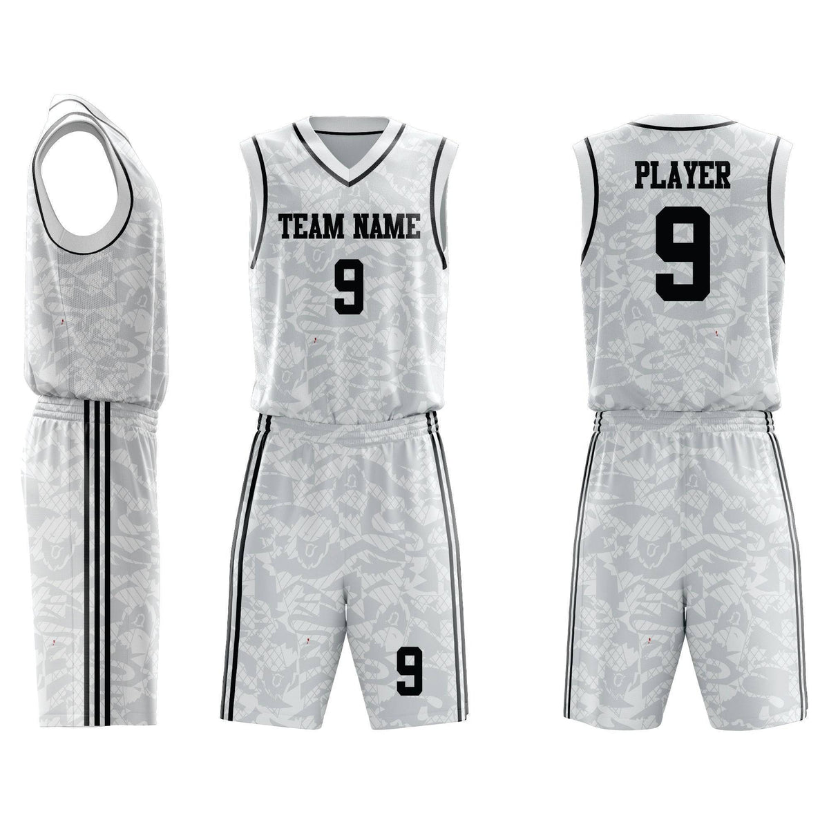 Custom Basketball Uniform 95 in white with black accents, featuring moisture-wicking, breathable fabric for team performance and comfort.