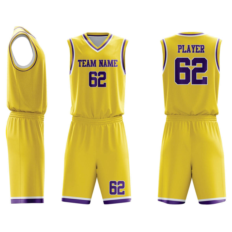 Custom Basketball Uniform 94 in yellow with purple trim, featuring team name, player number 62, and matching shorts. Ideal for team customization.