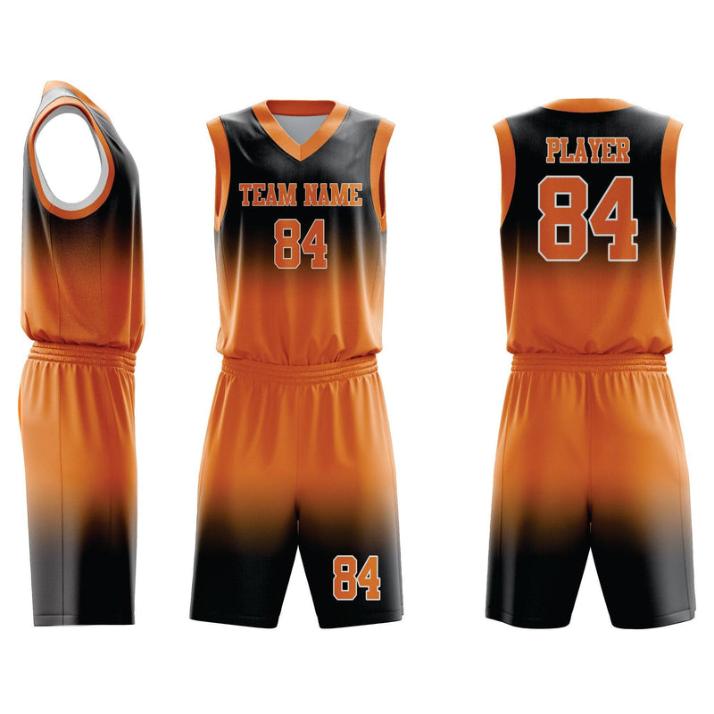 Custom Basketball Uniform 96 in black and orange gradient with TEAM NAME and number 84, includes premium jersey and shorts for team sports.