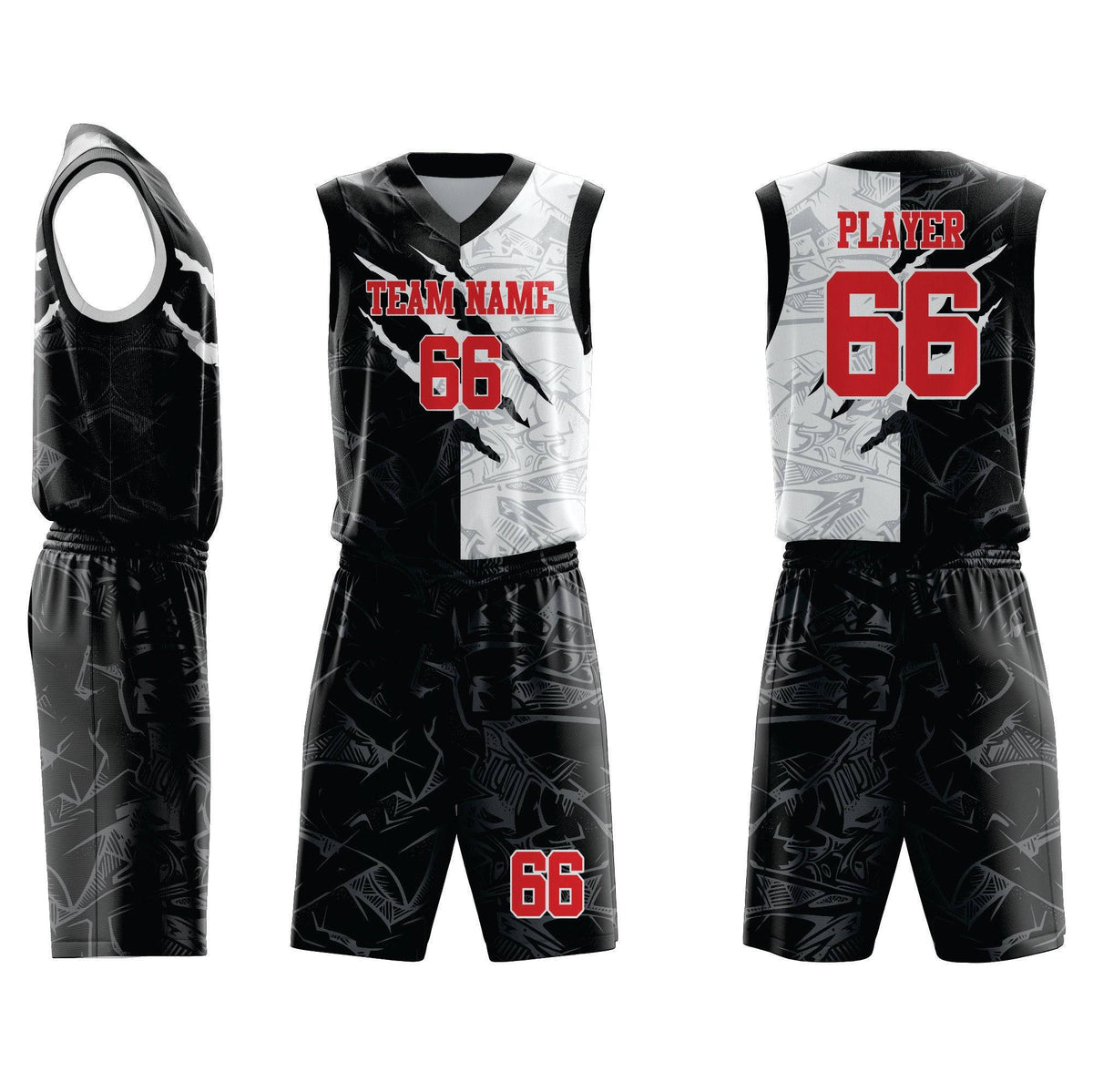 Custom Basketball Uniform 99 featuring black and white jersey with red number 66, ideal for team branding and high-performance play.