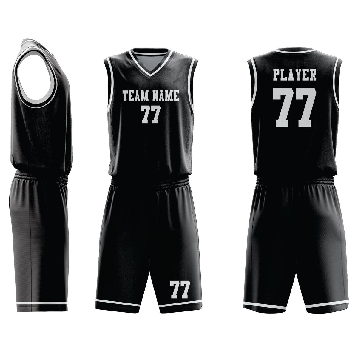 Custom Basketball Uniform 98 in black with white trim, featuring team name and number 77 on front and back. Ideal for team branding and performance.