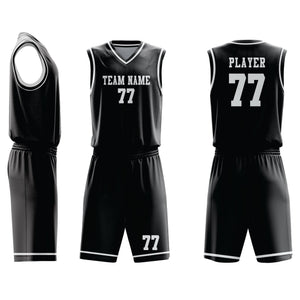 Custom Basketball Uniform 98 in black with white trim, featuring team name and number 77 on front and back. Ideal for team branding and performance.