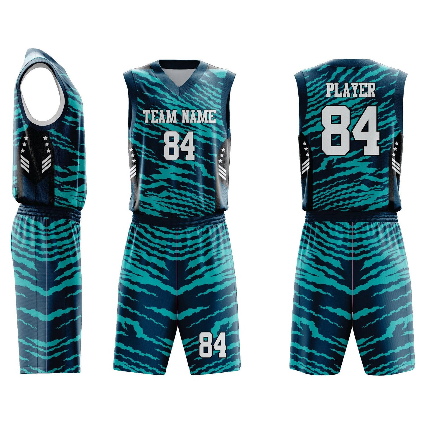 Custom Basketball Uniform 100 in teal and black tiger-stripe design with team name and number. Includes sleeveless jersey and matching shorts.