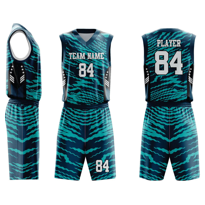 Custom Basketball Uniform 100 in teal and black tiger-stripe design with team name and number. Includes sleeveless jersey and matching shorts.