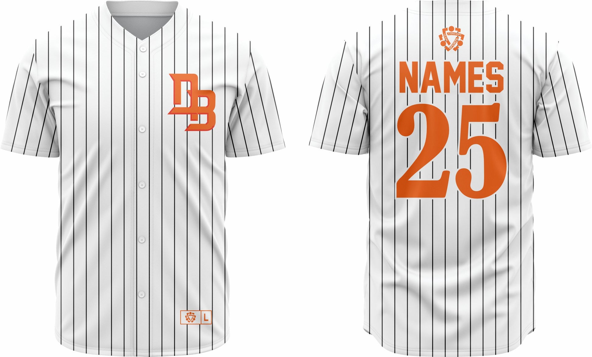 Custom Baseball Jersey with vertical black pinstripes, orange DB logo on front, and customizable name and number on back. Unisex breathable sportswear.
