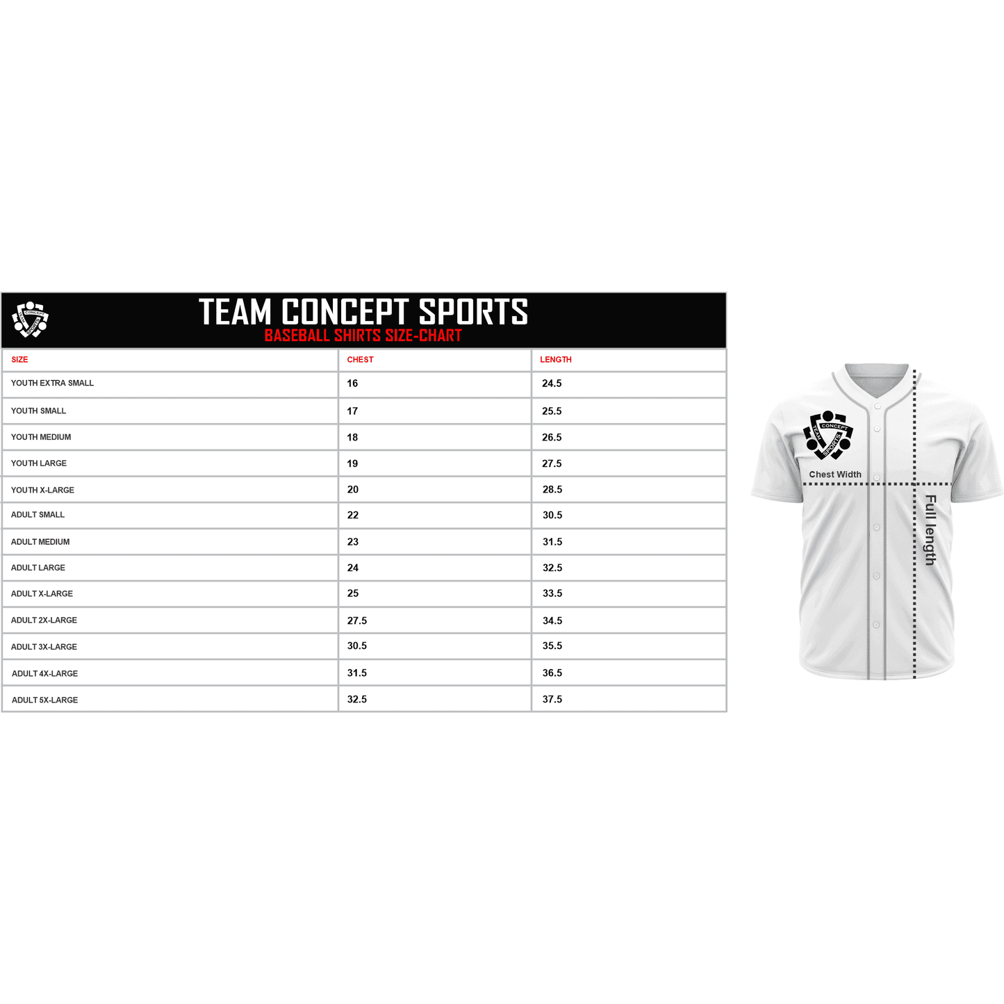 Baseball shirt size chart by Team Concept Sports showing youth to adult sizes with chest and length measurements for custom team uniforms.