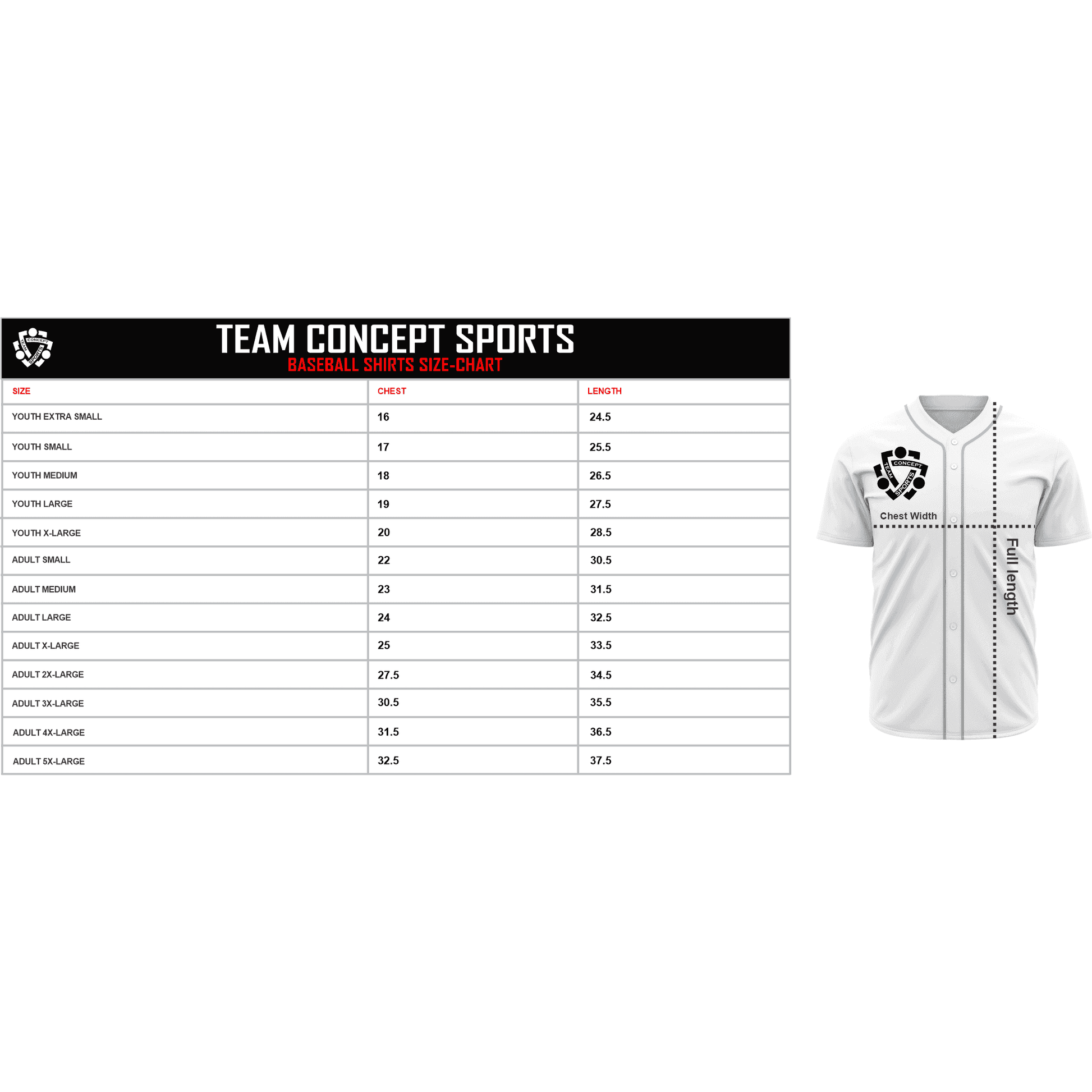 Baseball shirt size chart by Team Concept Sports showing youth to adult sizes with chest and length measurements for custom team uniforms.