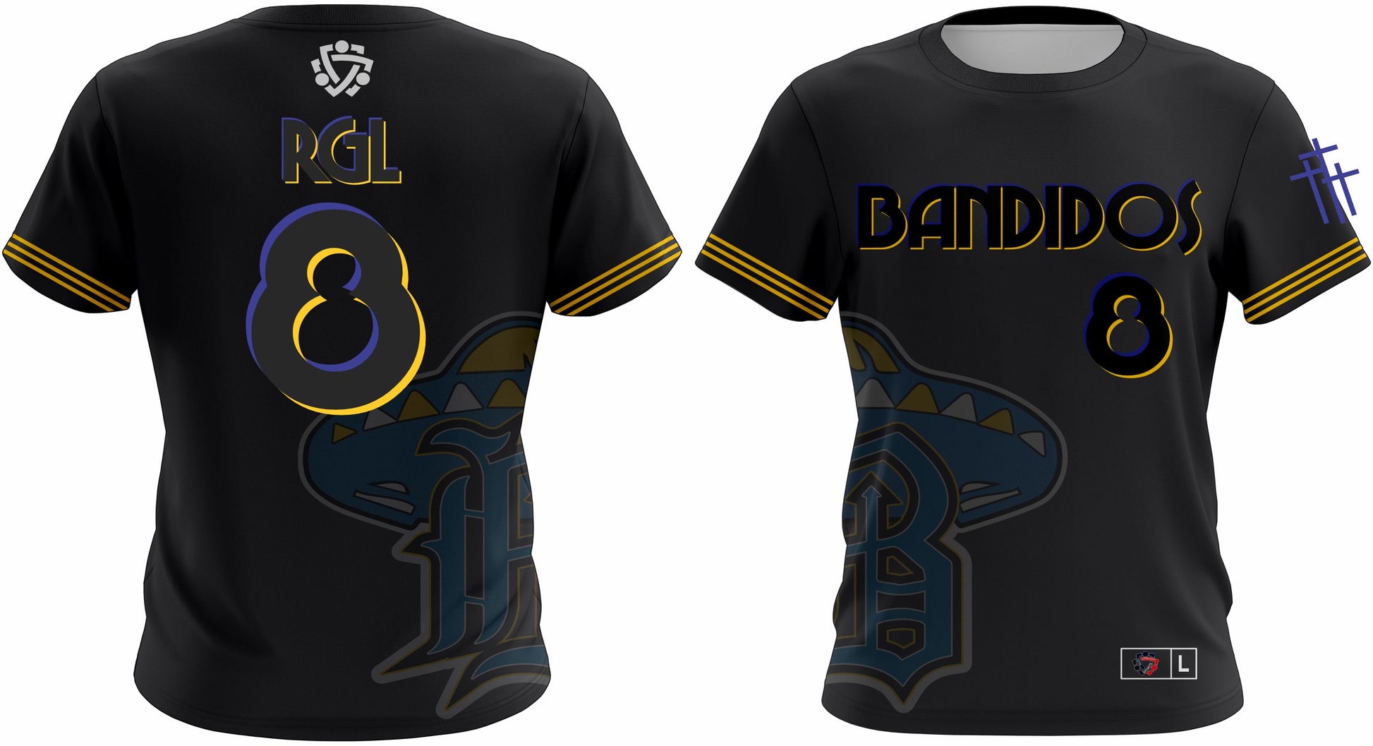 Custom Softball Jersey - Breathable & Durable | Athletic Fit featuring black design with 'Bandidos' text, number 8, and gold-striped sleeves.
